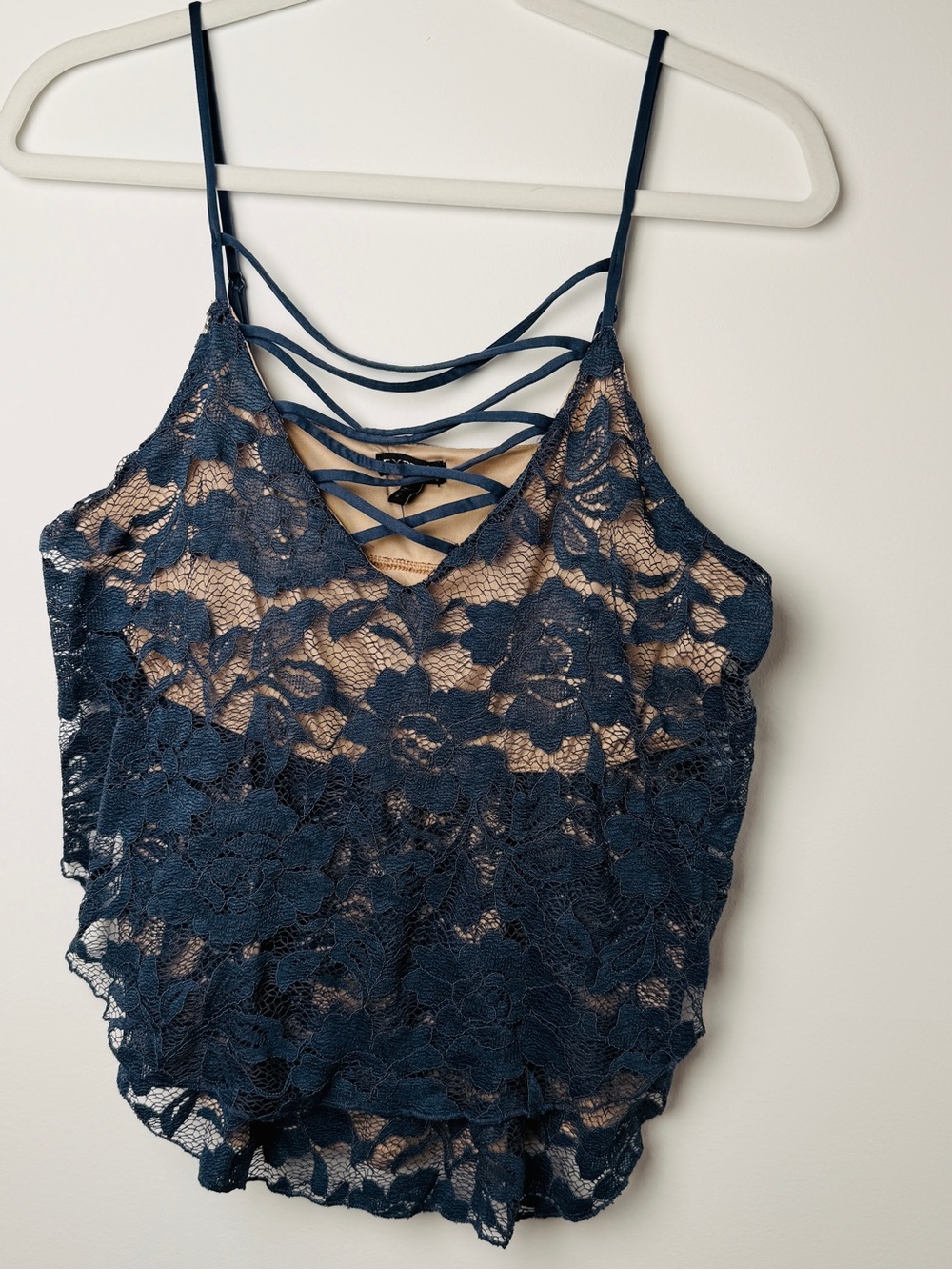Lace Strappy Cami Top Med GUC Deep Blue Going Out Top Sexy Asymmetrical Dressy